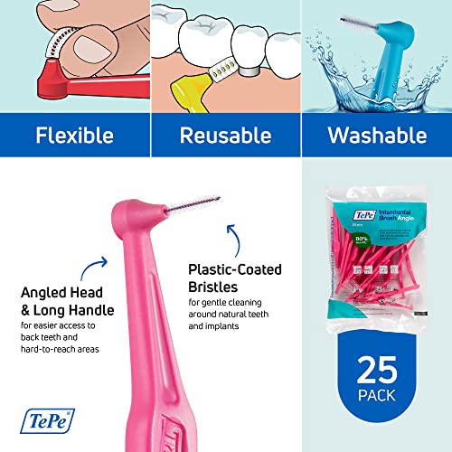 TePe Interdental Brush Angle, Angled Dental Brush for Teeth Cleaning, Pack of 25, 0.40 mm, Extra-Small/Small Gaps, Pink, Size 0 - color: Pink