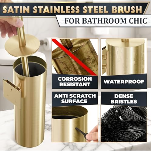 Gold Toilet Brush and Holder Set with Wall Mount - Modern Wall Mounted Toilet Brush Made from Corrosion-Resistant Stainless Steel - Removable Inner Bowl, Splash Protection & Dense Bristles Supplied - color: Gold Wall-mounted
