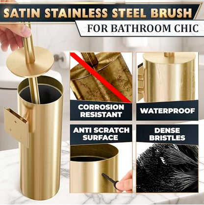 Gold Toilet Brush and Holder Set with Wall Mount - Modern Wall Mounted Toilet Brush Made from Corrosion-Resistant Stainless Steel - Removable Inner Bowl, Splash Protection & Dense Bristles Supplied - color: Gold Wall-mounted