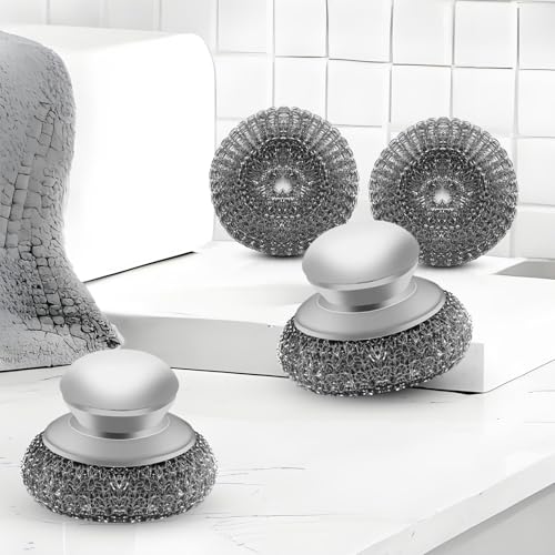 Stainless Steel Wool Scrubber with 2 Replacement Pads - Clean Metal Pans, Pots, Grills & More - color: 4pcs