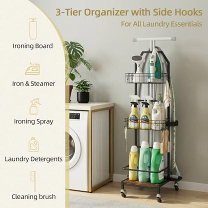Ironing Board Holder Cart for Small & Narrow Laundry Rooms, Freestanding Iron & Ironing Board Storage Rack for T & X Boards with 3-Tier Shelves, Rolling Metal Wheels, Hooks, No Wall Mount
