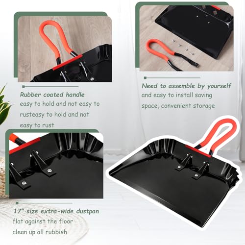 Pasimy 2 Pack 17" Metal Dust Pan and Brush Set, Large Heavy Duty Handheld Industrial Dustpan with Handle Debris Sweeping Tool Metal Edge Flat Against Floor for Outdoor Patio Yard Garage (Black) - color: Black
