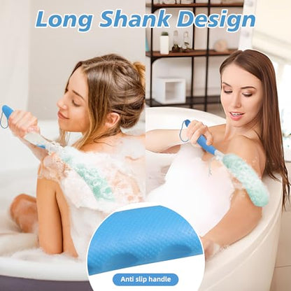 15.35" Back Bath Brush with Sponge,Back Scrubber Bath Mesh with Curved Long Handle Bath Body Brush for Elderly Aid Bathing and Shower - size: Black+Pink Handle
