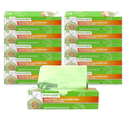 Responsible Products Kitchen Bin Liners, Certified Compostable, Heavy Duty Multipurpose Food Scrap Bags, Made from Compostable Materials (13 Gallon Drawstring, 13 Gallon (100 Count)) - size: 13 Gallon (100 Count), style: 13 Gallon Drawstring
