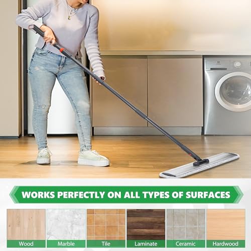18 Professional Microfiber Mop Large Flat Mops for Floor Cleaning 4 Reusable Washable mop Pads Hardwood Cleaning System Wet and Dust Mop with 61in Long Stainless Steel Handle - size: 18 inches