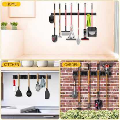SLIIMU Movable 30'' Broom and Mop Holder Wall Mount with Sliding 7 Racks 8 Hooks, Storage Organizer Wall Hanger, Cleaning Tool Hanging Grippers for Kitchen Bathroom Garden Garage Laundry Home Closet