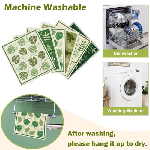 6 Packs Swedish Paper Cloths for Kitchen, Reusable Paper Towels Washable Dish Rags, Highly Absorbent Kitchen Towels Quick Drying Swedish Sponge Cleaning Dish Cloths(Green Plant Leaves) - color: Green Plant Leaves