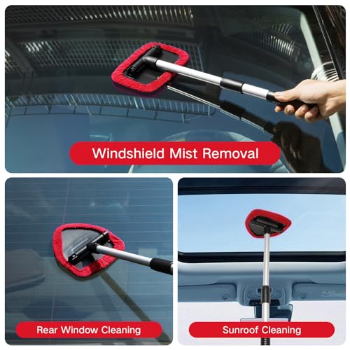 Qydipclin 10pcs Windshield Cleaner Tool, Car Window Cleaning Wash Kit with 4 Reusable Microfiber Pads 1 Spray Bottle and Extendable Handle Auto Glass Wiper Kit, Red - color: Red