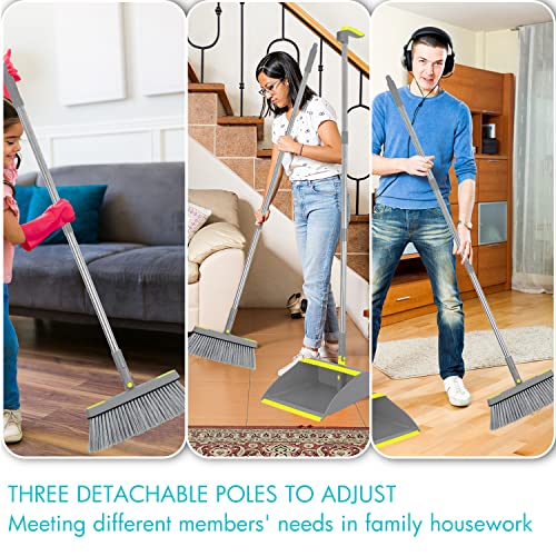 2-Pack Broom and Dustpan Combo Set, 48" Long Adjustable Handle Stand Up Dustpan with Self-Cleaning Teeth, Ideal for Home, Office, Kitchen, Indoor & Outdoor Use, Grey