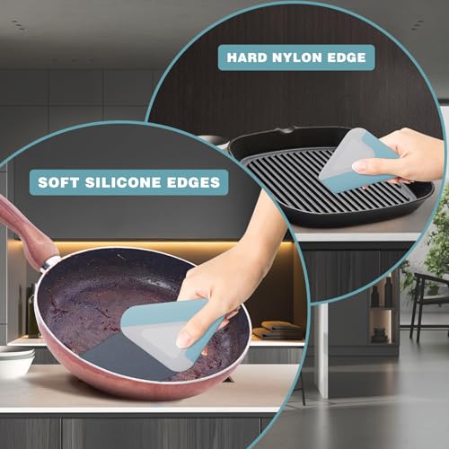Food Scraper, 2-in-1 Pot and Pan Dish Scraper, Nylon and Silicone, Kitchen Scraper Tools for Cast Iron Skillets, Cookware, Dishes, Pans and Pots, Heat Resistant, Set of 3 - Blue - color: Blue