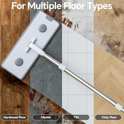 CTIME Large Mop and Bucket Set, Flat Mop and Bucket System, Wall Mop with Adjustable Handle (Max 70.87 Inches), Mops for Floor Cleaning, 6 Washable 15.74'' Microfiber Mop Pads