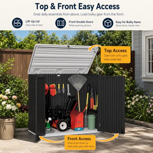 ADDOK 38 Cu.Ft Outdoor Storage Shed with Floor,Large Waterproof Resin Storage Cabinet with Lift-Up Lid,Double Doors and Lockable Design for Lawn Mower,Garden Tools, Patio,Backyard and Pool Supplies - size: Black 38 Cu.Ft