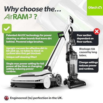 Gtech AirRAM 3 Cordless Vacuum Cleaner with Anti-Hair Wrap Bar - Dual Edge-Clean Brushes - Perfect for Carpet and Hardwood Floors - Rechargeable 22v Li-ion Battery - Lightweight - New Model/Red Thread - style: AirRAM3 - New Gen Cordless Up. Red