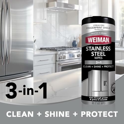 Weiman Stainless Steel Cleaner & Polish Kit, 2 Wipes & Cloth, Anti-Fingerprint, Removes Grease, Water Spots, Streaks & Residue, Polishing Cleaner Safe for Appliances, Chrome, Sinks & Grill Exteriors - size: 30 Count (Pack of 2)