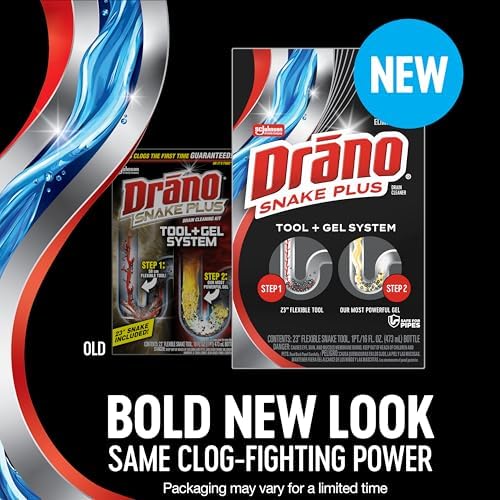 Drano Snake Plus Tool and Gel System, Drain Snake with Drain Clog Remover Gel, Unclogs and Removes Hair and Blockages, Commercial Line 16 Fl oz and 23 Inch Tool