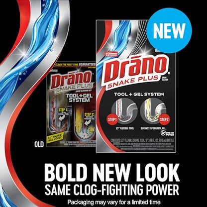 Drano Snake Plus Tool and Gel System, Drain Snake with Drain Clog Remover Gel, Unclogs and Removes Hair and Blockages, Commercial Line 16 Fl oz and 23 Inch Tool