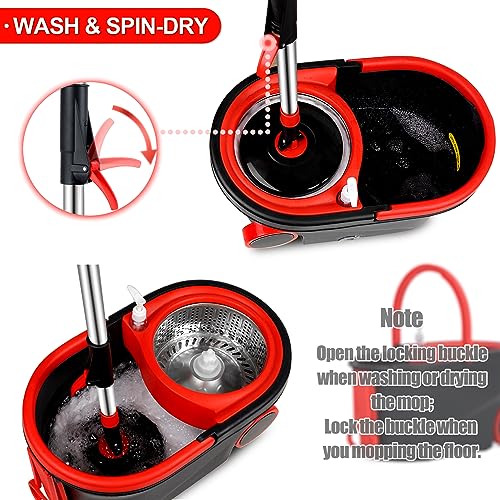 Spin Mop and Bucket with Wringer Set on Wheels, 360° Spinning Mop Bucket System with 3 Microfiber Mop Replacement Heads and 61" Stainless Steel Adjustable Handle for Floor Cleaning - color: Black-3