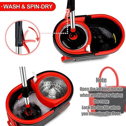 Spin Mop and Bucket with Wringer Set on Wheels, 360° Spinning Mop Bucket System with 3 Microfiber Mop Replacement Heads and 61" Stainless Steel Adjustable Handle for Floor Cleaning - color: Black-3