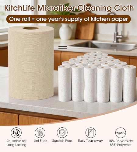 KitchLife Microfiber Cleaning Cloth Roll, 100 Pack - Tear-Away Microfiber Paper Towels, Lint-Free, Reusable, Washable for Kitchen, Car, Dishes, and Sensitive Surfaces (Sand Beige) - color: Sand Beige, size: 100 Pack