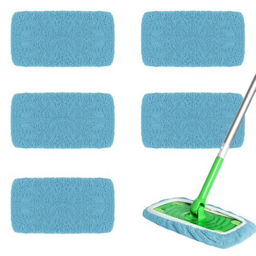 Microfiber Mop Pads - 5 Pack Reusable Washable Refills for Wet & Dry Floor Cleaning - Fits Most Standard Mops - Lake Blue Household Cleaning Pads