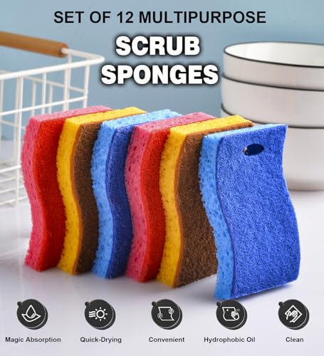 METUUTER 12-Count Scrub Sponges Kitchen Sponge Heavy Duty, Cellulose Sponges with Scouring Pads Dual-Sided for Kitchen and Household Use (S-Multi) - color: S-multi