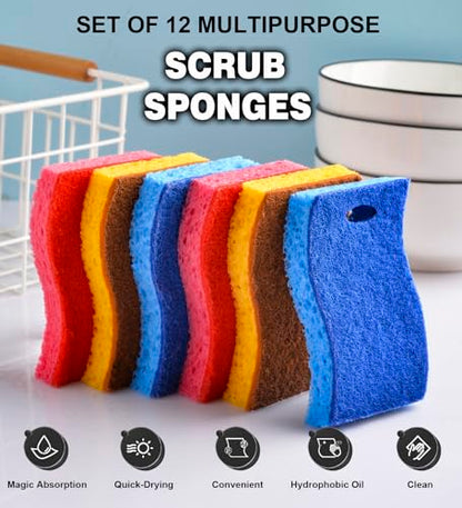 METUUTER 12-Count Scrub Sponges Kitchen Sponge Heavy Duty, Cellulose Sponges with Scouring Pads Dual-Sided for Kitchen and Household Use (S-Multi) - color: S-multi