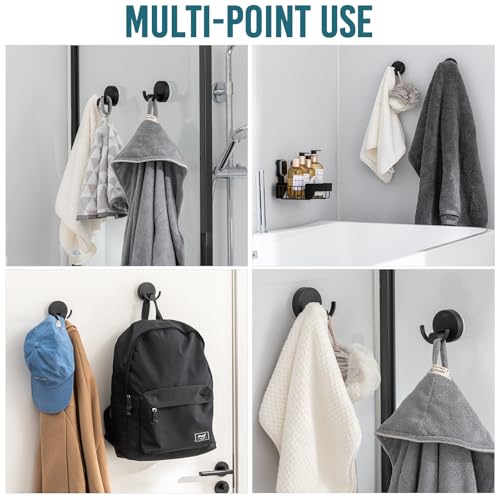 TAILI 304 Stainless Steel Bathroom Suction Hooks for Towel, Bathrobe, Loofah, Patented Strong Suction Cup Holder, No Damage Hanging Glass Shower Wall Hook, Double-Hook Sleek Design, 2 Pack, Black - color: Sleek Double-Hook, Black