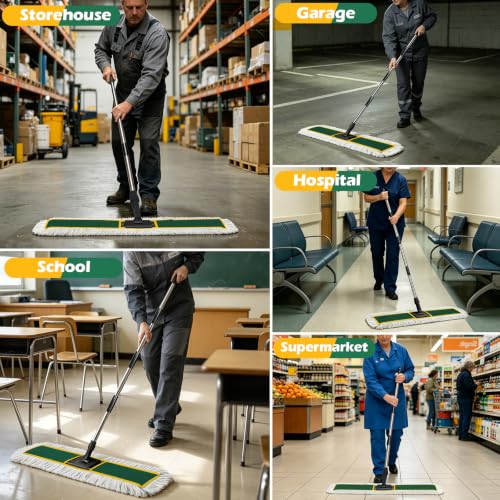 MASTERTOP 40" Commercial Dust Mop for Floor Cleaning, Heavy Duty Flat Mop | Industrial 64" Long Handle Push Broom with 2 Cotton Pads for Hardwood, Tile, Laminate, Concrete, Warehouse & Gym Cleaning - color: Green(40"*8.3")
