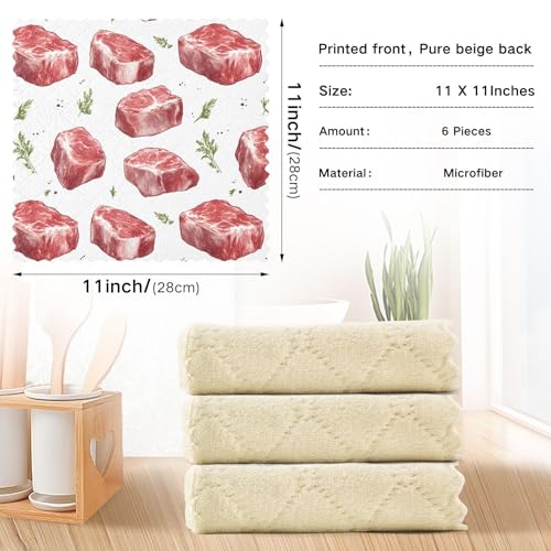 Kitchen Dish Cloths Beef Meat Steak Pattern 6 Pack Dish Towels for Drying Dishes Ultra Soft Absorbent Cleaning Towels Dish Rags, 11 X 11 Inches