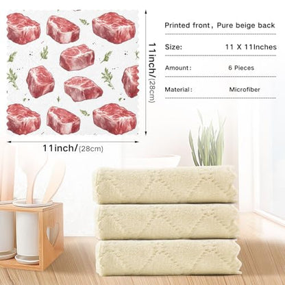Kitchen Dish Cloths Beef Meat Steak Pattern 6 Pack Dish Towels for Drying Dishes Ultra Soft Absorbent Cleaning Towels Dish Rags, 11 X 11 Inches