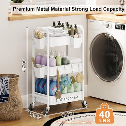 3 Tier Rolling Cart with Wheels, Metal Utility Storage Cart on Wheels, Craft Carts Organizer with Hanging Cups, Hooks, Three Tiered Rolling Carts for Bathroom, Laundry Room, Nursery, Office, White - color: White