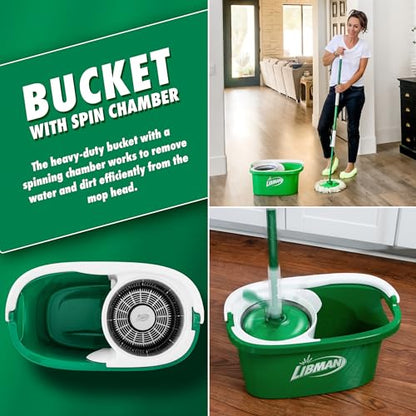 Libman Tornado Spin Mop System with Refill Heads, Microfiber Spinning Mop and Bucket with Wringer Set for Home, Floor Cleaning of Hard-Wood, Laminate, Tile, All Surface Cleaner - style: Spin Mop Plus 3 Refills