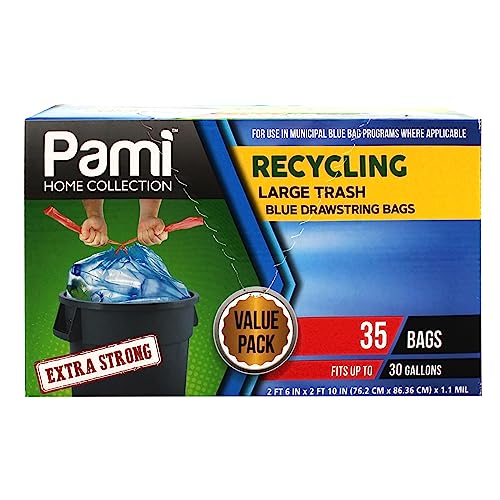 PAMI Recycling Tall Kitchen Drawstring Trash Bags- Extra-Strong Plastic Garbage Bags- Thick Trash Can Liners For Kitchen & Outdoor Bins- 2ft x2ft Unscented Trash Bags (30 Gallon – 35 Count – Blue) - style: 30 Gallon – 35 Count – Blue