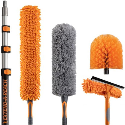 20 Foot High Reach Duster Kit with 4-12 ft Extension Pole // High Ceiling Dusting and Window Cleaning Kit with Telescopic Pole // Window Washer & Squeegee, Cobweb Duster, Fan Blade and Feather Dusters - size: 12 feet