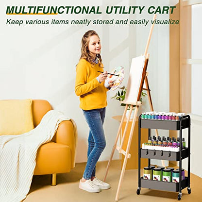 LEHOM 3 Tier Rolling Cart, Metal Rolling Utility Cart with Lockable Wheels & Hooks, Multi-Functional Heavy Duty Storage Cart Organizer for Bathroom, Kitchen, Office, Living Room - color: Black