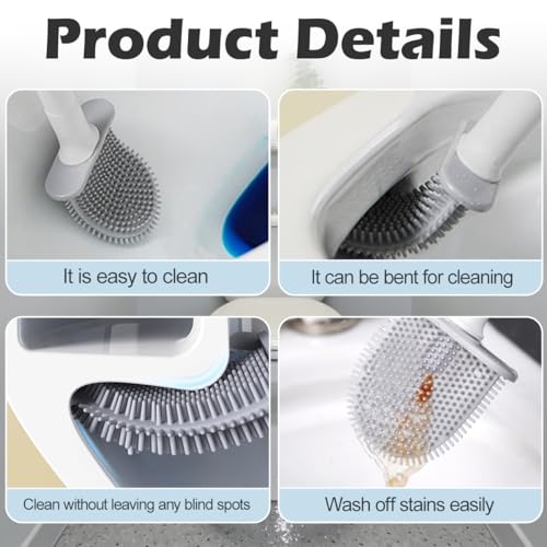 Silicone Toilet Brush Set, Wall Mounted Holder, Anti-Drip Design, Non-Slip Handle, Flexible Bristles for Easy Cleaning, Suitable for Various Usage Scenario (White) - color: White