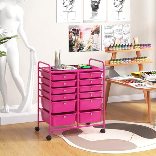 DREAMADE Rolling Cart with Storage Drawers, Utility Cart with Removable Plastic Drawers, Lockable Wheels, Art Cart for Classroom Organization Art Supplies Office Scrapbook (12 Drawers, Hot Pink) - color: Hot Pink, style: 12 Drawers