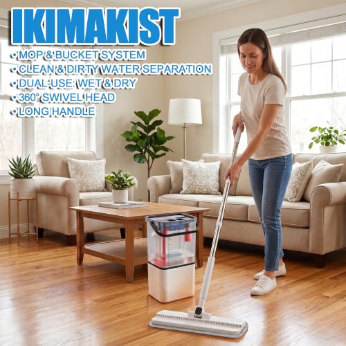 Mop and Bucket Set with Wringer,Separate Clean Dirty Water, Self Wringing Microfiber Dust Flat Mop for Hardwood Floors, Kitchen, Wall Cleaner -with 4 Washable Microfiber Pads