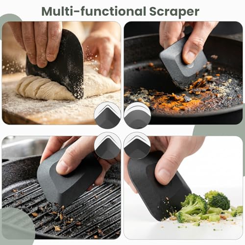 Cast Iron Scrubber with Long Handle | 316 Cast Iron Cleaner Chainmail Scrubber for Cast Iron Pan Skillet Cleaner - Dish Scouring Pad Dishwasher Safe Cleaning Kit (Black, 1 Scrubber + 1 Scraper) - color: Black, 1 Scrubber + 1 Scraper