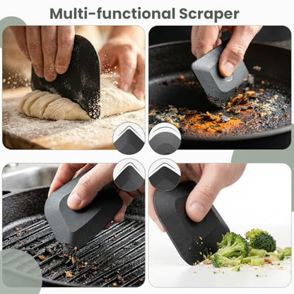 Cast Iron Scrubber with Long Handle | 316 Cast Iron Cleaner Chainmail Scrubber for Cast Iron Pan Skillet Cleaner - Dish Scouring Pad Dishwasher Safe Cleaning Kit (Black, 1 Scrubber + 1 Scraper) - color: Black, 1 Scrubber + 1 Scraper