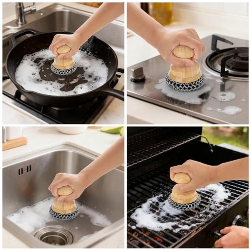 Cast Iron Scrubber and Scraper,Chain Mail Cleaner with Bamboo Handle & Draining Tray,316 Stainless Steel Brush for Cleaning Pots,Pans,Wok,Bakeware,Griddles, Grills(Small&Large ChainMail,2pcs) - size: Small + Large Chain Mail 2pcs