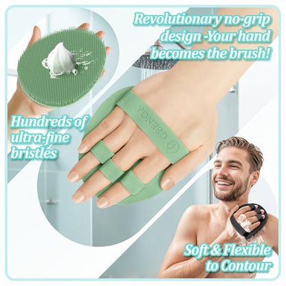 Silicone Back Scrubber & Bath Glove Set 2PCS, 13.4'' Gentle Shower Back Scrubber with Dual-Side Head Non-Slip Handle, 360° Anti-Slip Hand-fit Bath Glove for Rich Foaming Deep Cleaning(Green) - color: Green*2