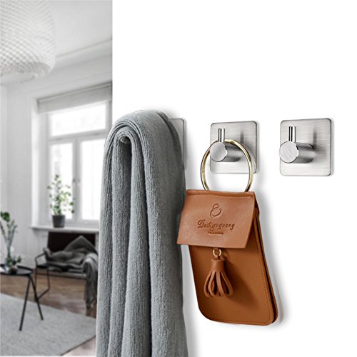 Fotosnow Adhesive Towel Hooks 15lbs Heavy Duty Wall Hooks Waterproof Stainless Steel Hanger for Hanging Coat, Hat, Towel Robe Hook Rack Wall Mount- Bathroom and Bedroom 4-Packs - color: Silver