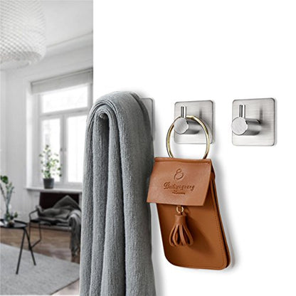 Fotosnow Adhesive Towel Hooks 15lbs Heavy Duty Wall Hooks Waterproof Stainless Steel Hanger for Hanging Coat, Hat, Towel Robe Hook Rack Wall Mount- Bathroom and Bedroom 4-Packs - color: Silver