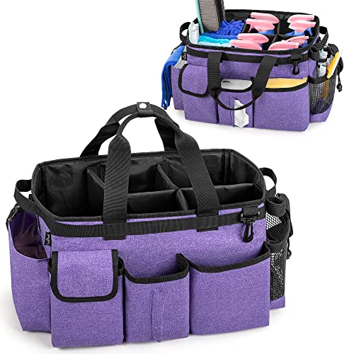 LoDrid Large Wearable Cleaning Caddy Bag with Detachable Divider, Cleaning Supply Tote Organizer with Handles and Adjustable Shoulder Strap for Cleaners & Housekeepers, Purple - color: Purple