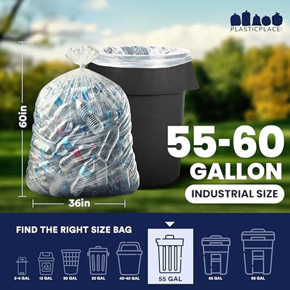 Plasticplace W55HDC1 55-60 gallon Trash Bags │ 12 Microns │ Clear High Density Garbage Can Liners │ 36” x 60” (200Count)