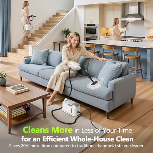 Handheld Steam Cleaner, 3S Instant Heat 1350W High Pressure Steam Cleaner, Portable Chemical-Free Deep Cleaning Steamer for Grout Tile Bathroom Kitchen Car Detailing with Continuous Refill (White)