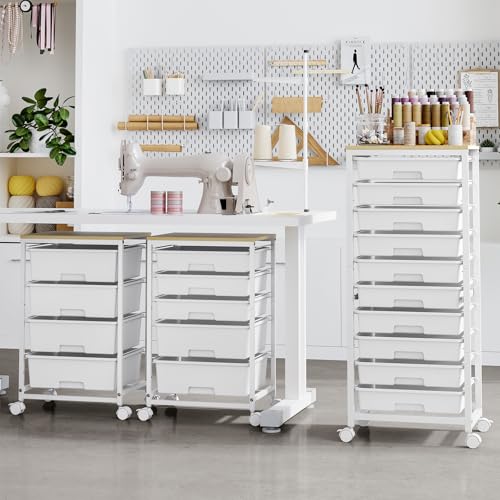 SYKIARIOL Rolling Cart with Drawers,10 Drawer Rolling Cart,Storage Cart with Wheels,Utility Cart with Drawers,Teacher Cart for Classroom Storage,Craft Cart with Wheels and Wooden Tabletop,White - color: white