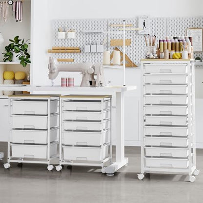 SYKIARIOL Rolling Cart with Drawers,10 Drawer Rolling Cart,Storage Cart with Wheels,Utility Cart with Drawers,Teacher Cart for Classroom Storage,Craft Cart with Wheels and Wooden Tabletop,White - color: white