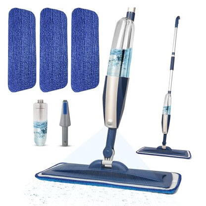 Microfiber Hardwood Floor Spray Mop with 3 Pads & Refillable Bottle | 400+ML refillable bottle, 360° swivel head, wet mopping & dry sweeping for hardwood, tile, laminate and sealed wood floors. - color: Dark Blue
